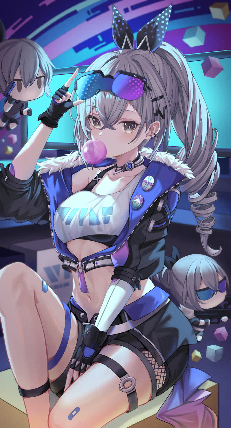 有一张性感动漫女孩坐在桌子上的照片