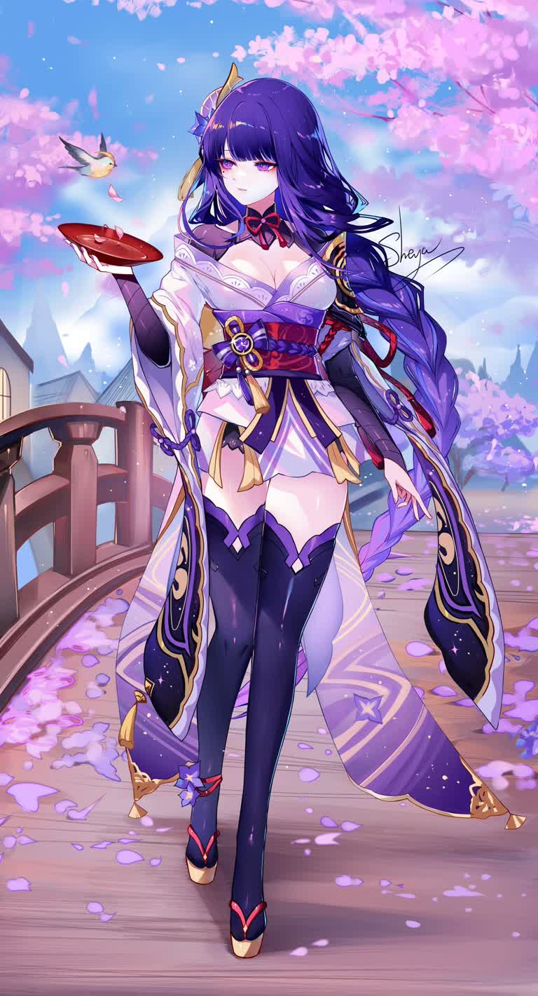 这是一张紫色长发的女人走在桥上的照片