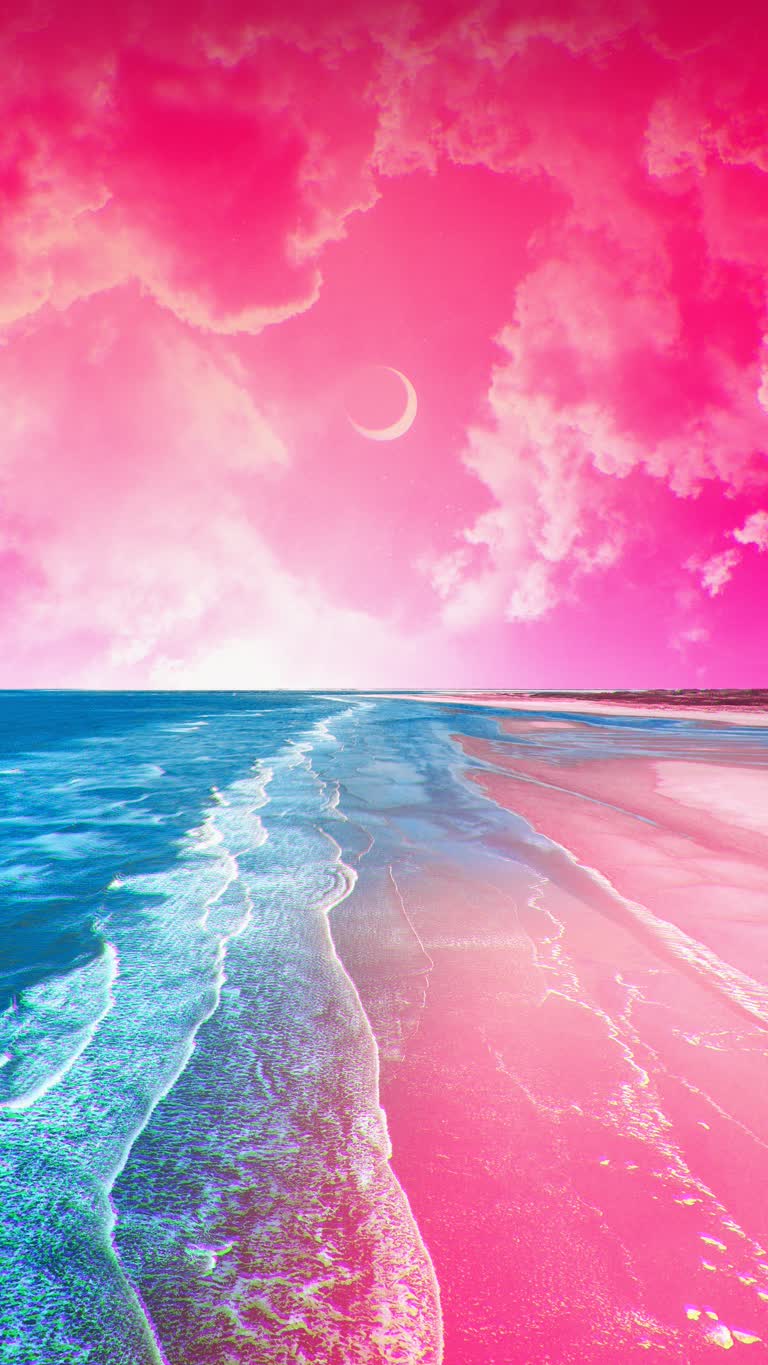 海洋上空有粉红色的天空和粉红色的海滩
