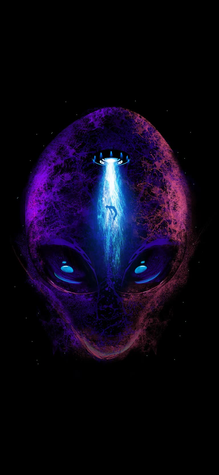 黑暗中有一个紫色的外星人头,蓝眼睛