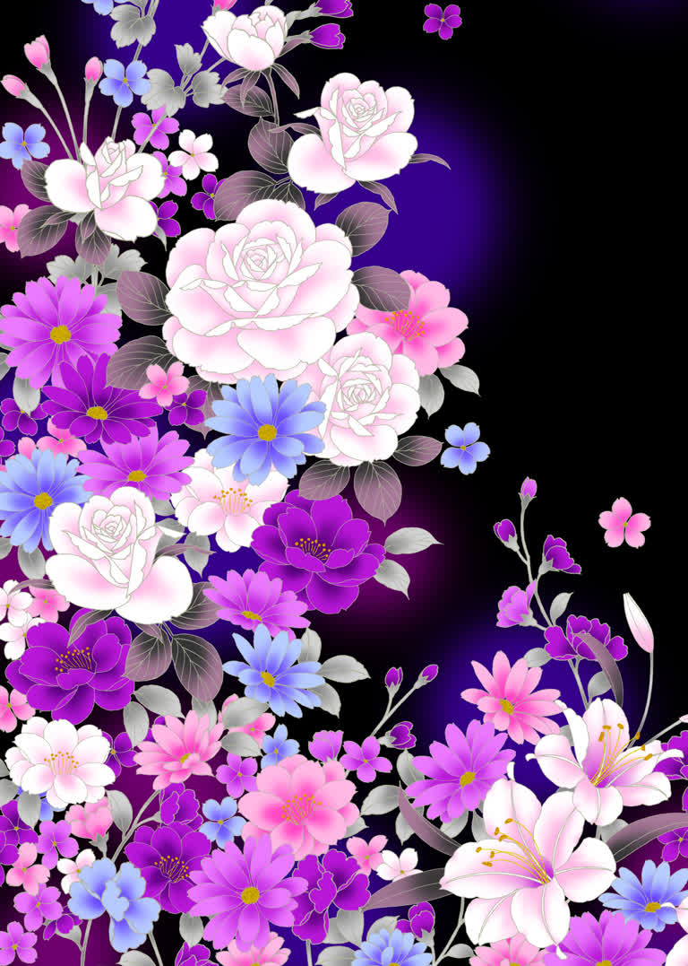 黑色背景上的紫色和蓝色花朵,上面有蝴蝶