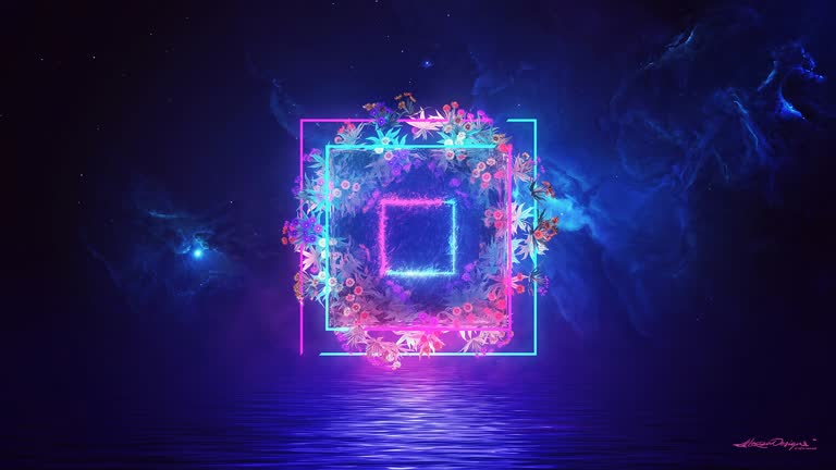 紫色和蓝色霓虹灯框架在黑暗的海洋中央