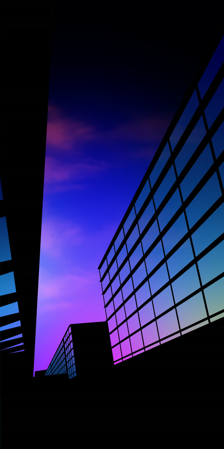 紫色和蓝色的天空,背景是几座建筑物