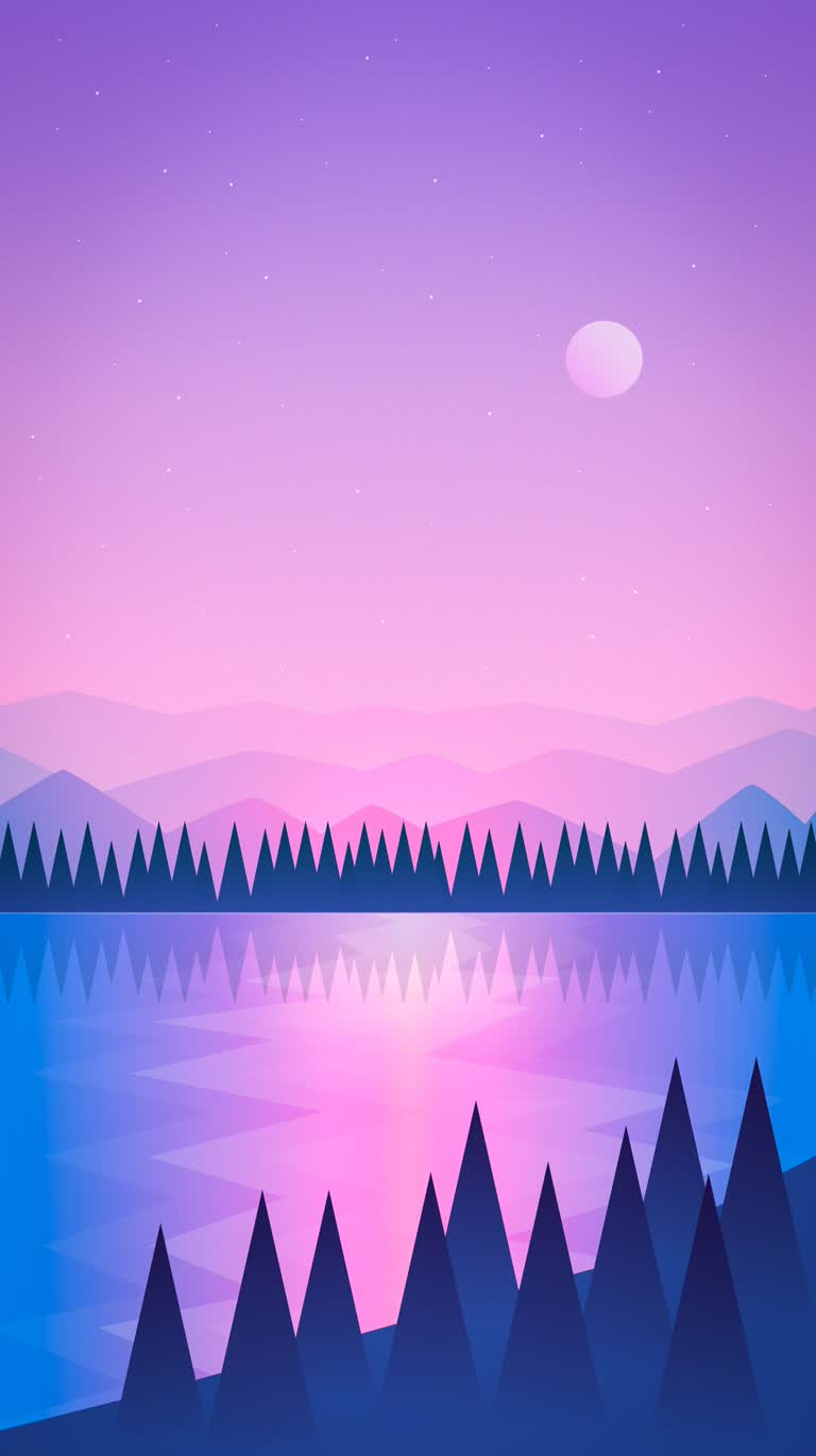 有群山的湖面上有紫色和蓝色的夕阳