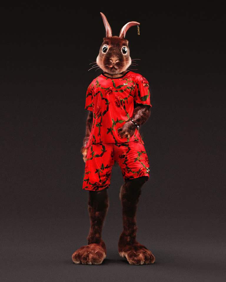 有一只兔子,穿着红色的衣服