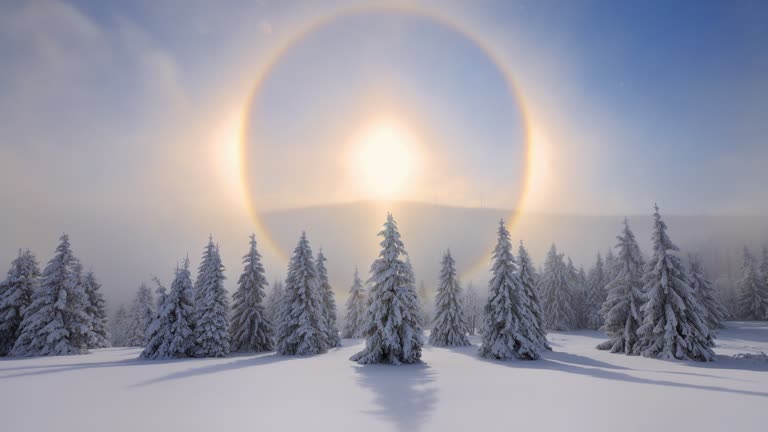 白雪覆盖的森林上空有一道彩虹