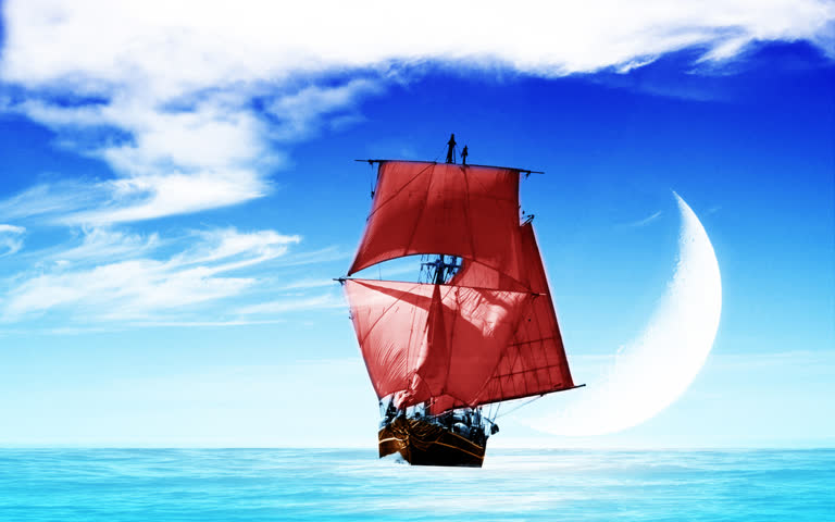 有一艘红色的帆船漂浮在海洋中,背景是一轮月亮