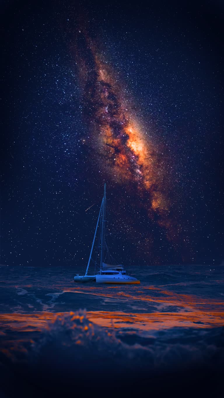 有一艘帆船,漂浮在星空下的海洋中