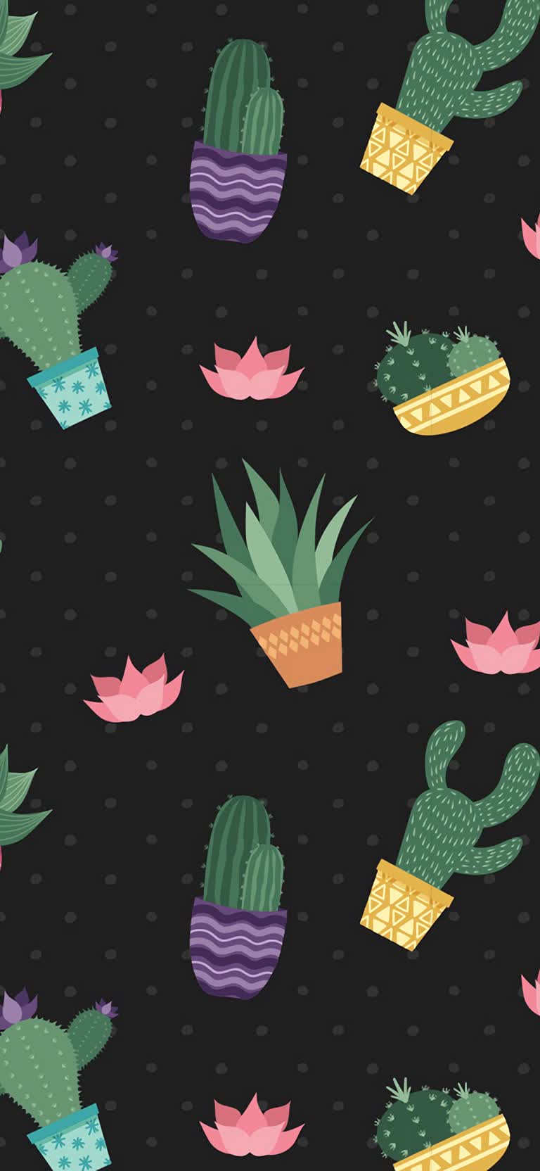 黑色背景上仙人掌和多肉植物的无缝图案