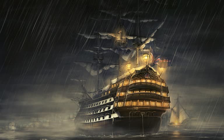 有一艘船在雨中航行在海洋中