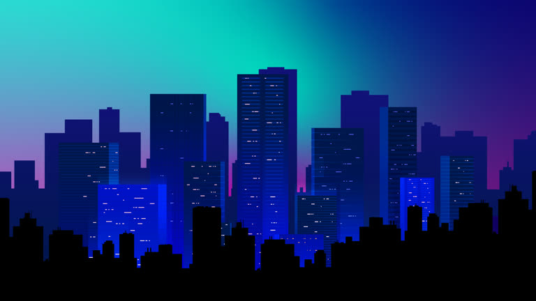 夜晚有一座高楼林立的城市剪影