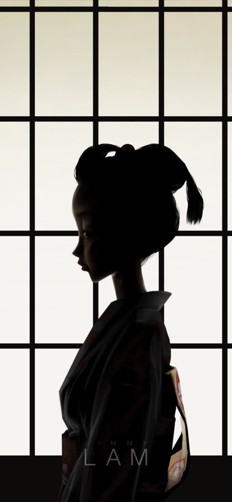 站在窗前的和服女人的剪影