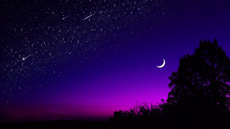 繁星点点的夜空,星星和天上的新月形
