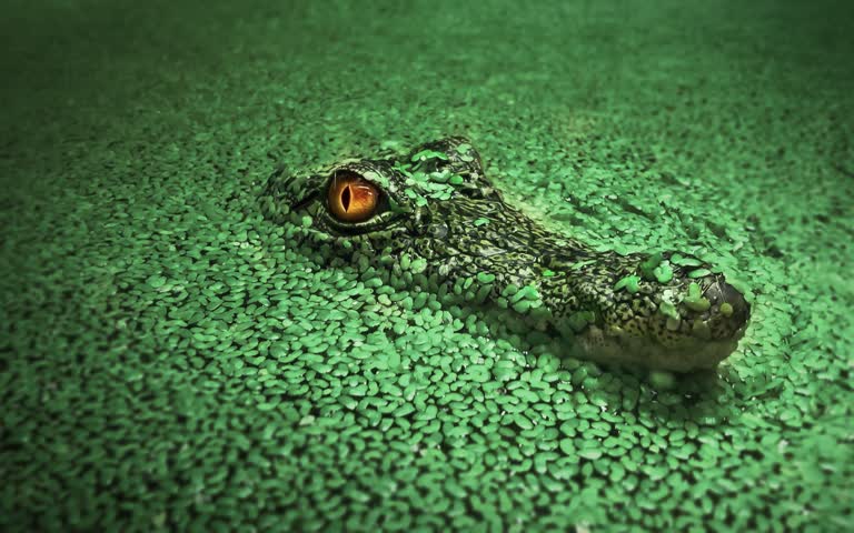有一只小鳄鱼躺在水里