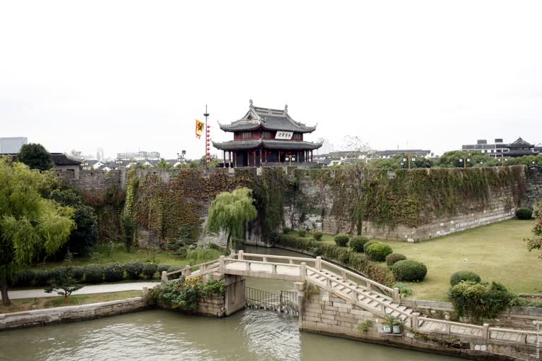在一小片水域上有一座小桥