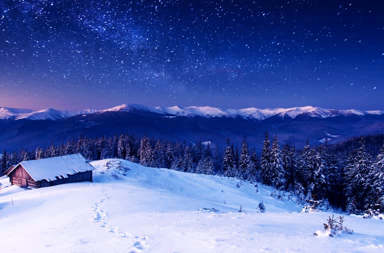 雪山中间有个小木屋