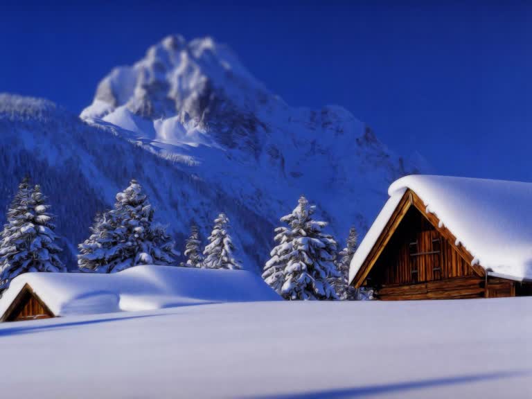 背景是一座白雪覆盖的山峰,前景是一间小屋