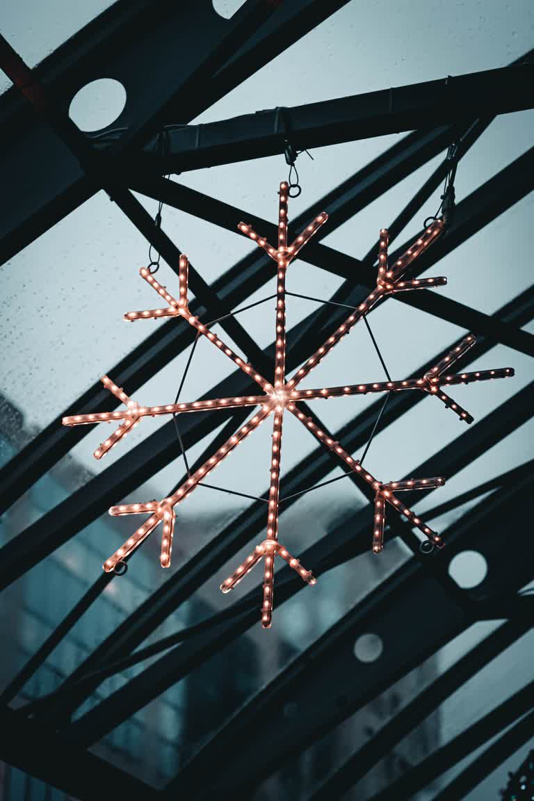 有一团雪花挂在建筑物的天花板上