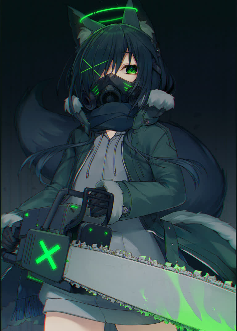 有人拿着电锯,戴着防毒面具