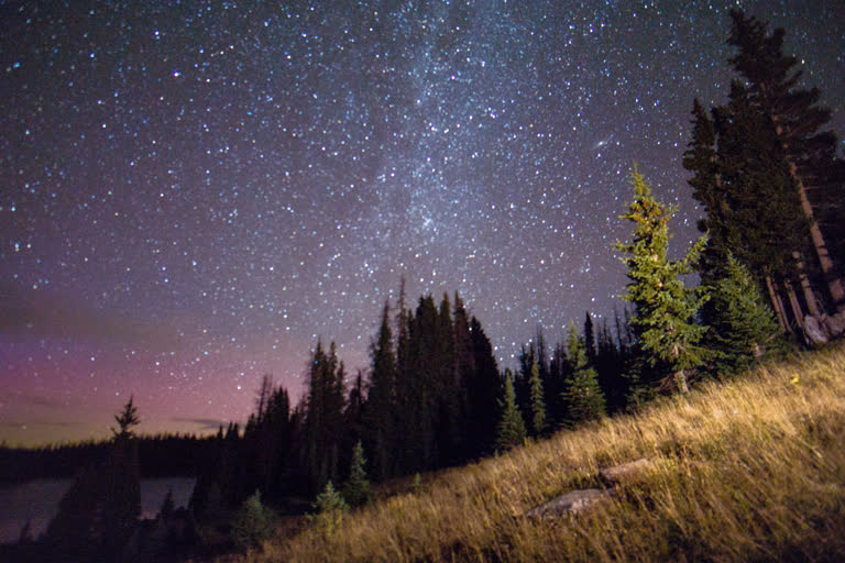 繁星点点的夜空,前景是树木和湖泊