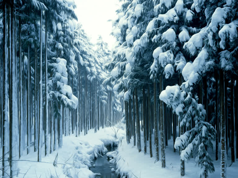 有一条小溪穿过白雪皑皑的森林中央