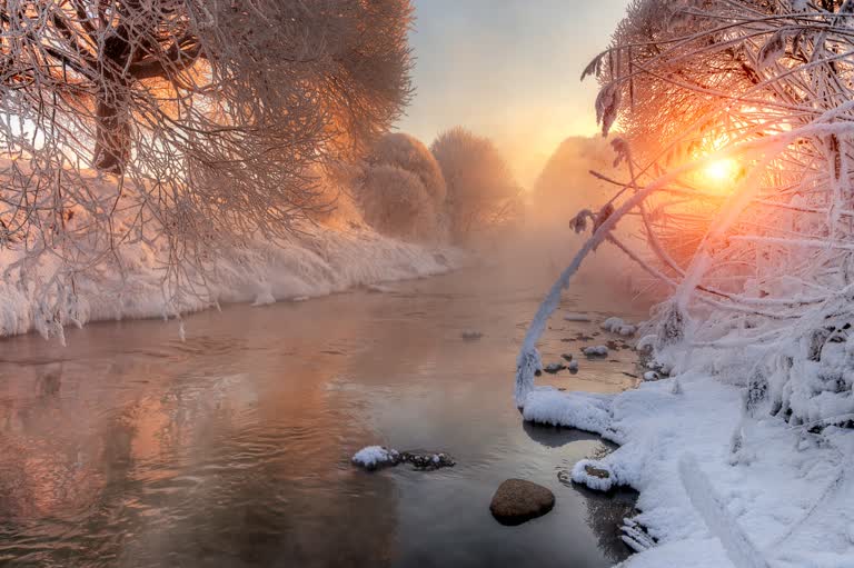 日落时分,有一条小溪流过白雪覆盖的森林