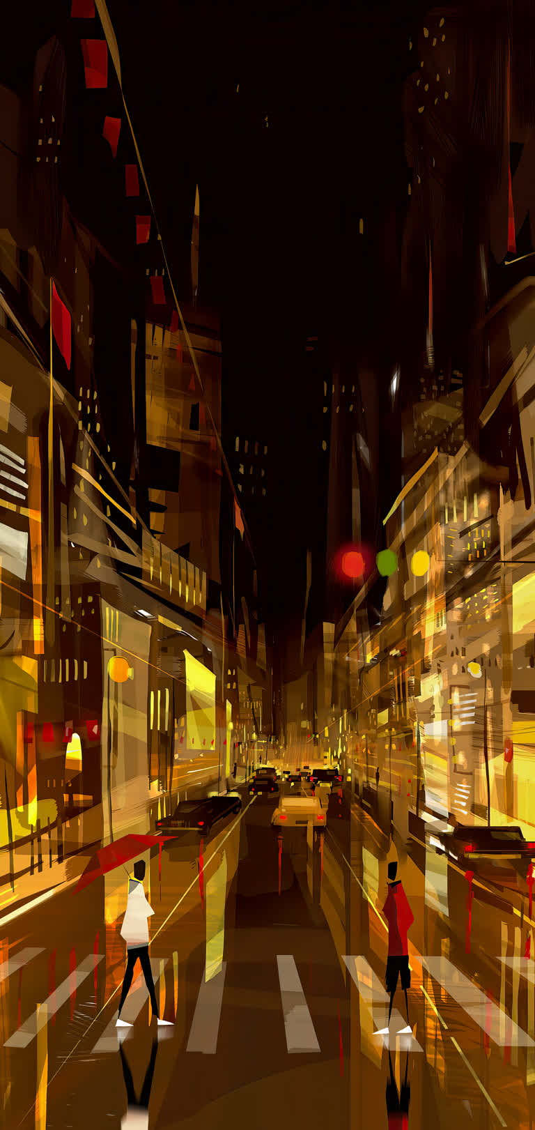 夜晚灯火通明的城市街道,行人过马路