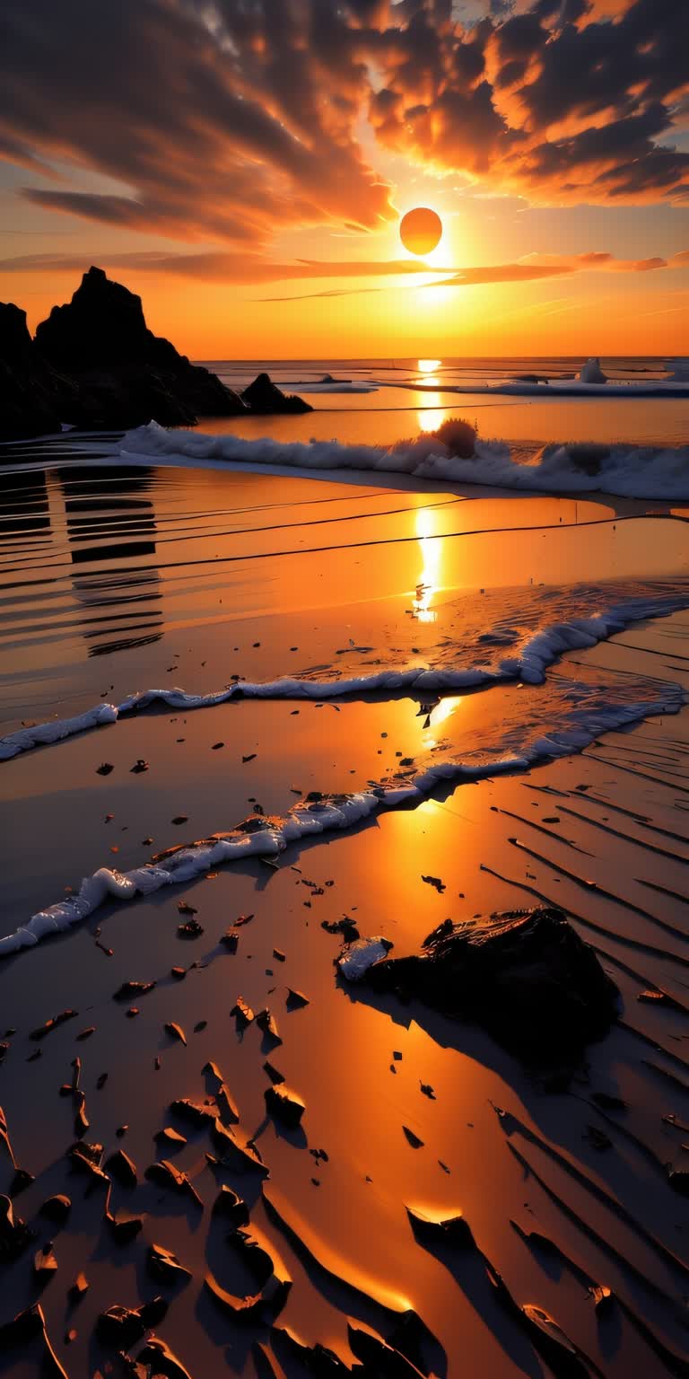 太阳落在海滩上的水面上,海浪飘扬