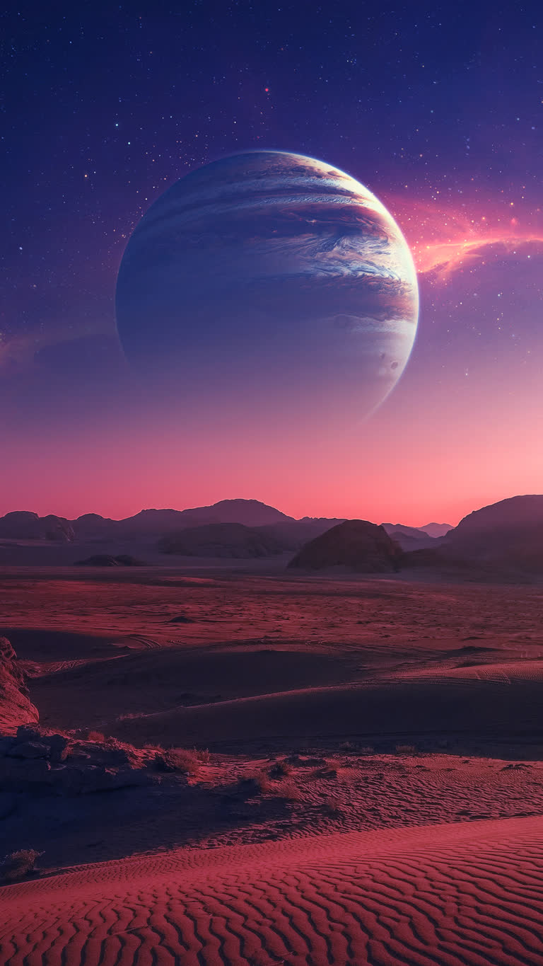 沙漠中的日落,远处有一颗行星