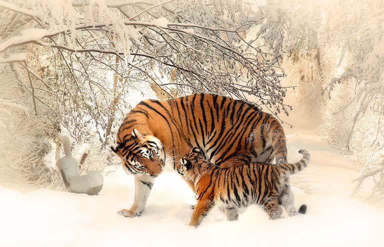 有两只老虎一起在雪地里行走