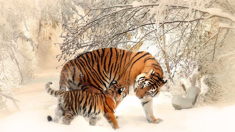 有两只老虎一起在雪地里行走