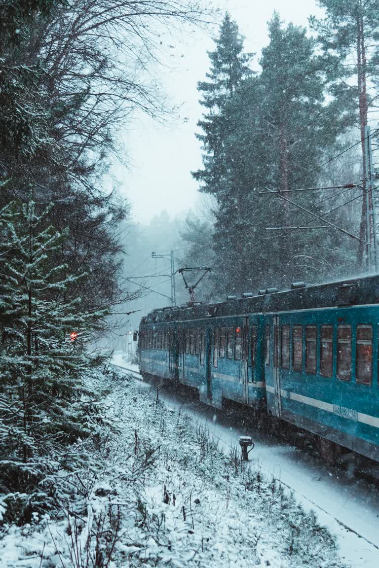 有一列火车在雪地里沿着铁轨行驶