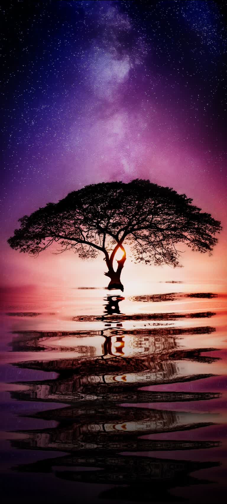 有一棵树矗立在星空下的水中