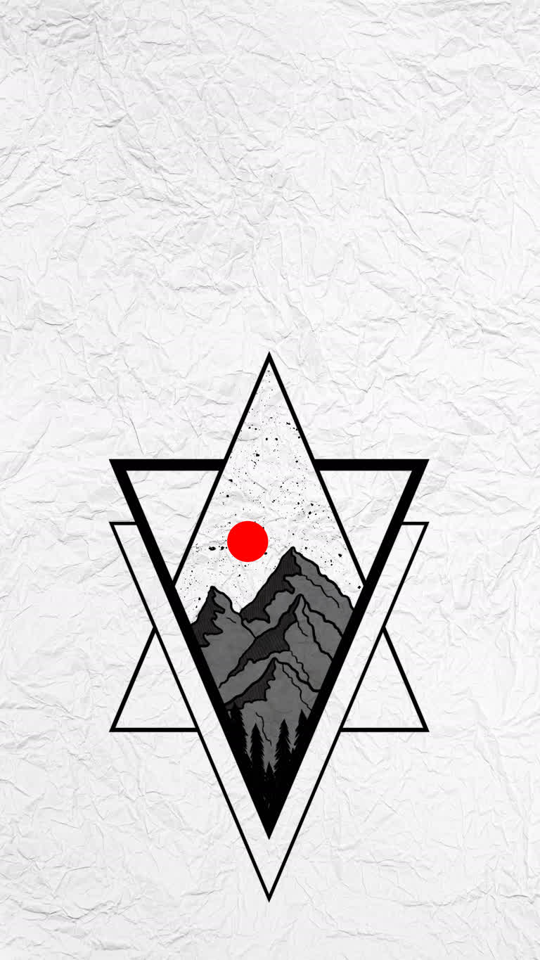 三角形,里面有一座山和一个红色的太阳