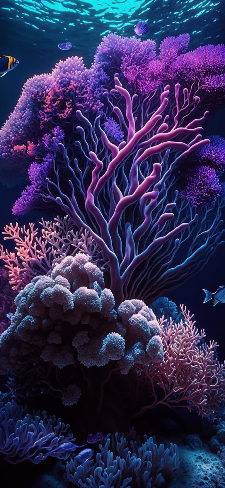 珊瑚礁与各种鱼类的水下场景