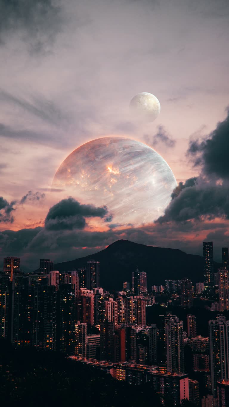 天空中有一轮月亮的城市景观