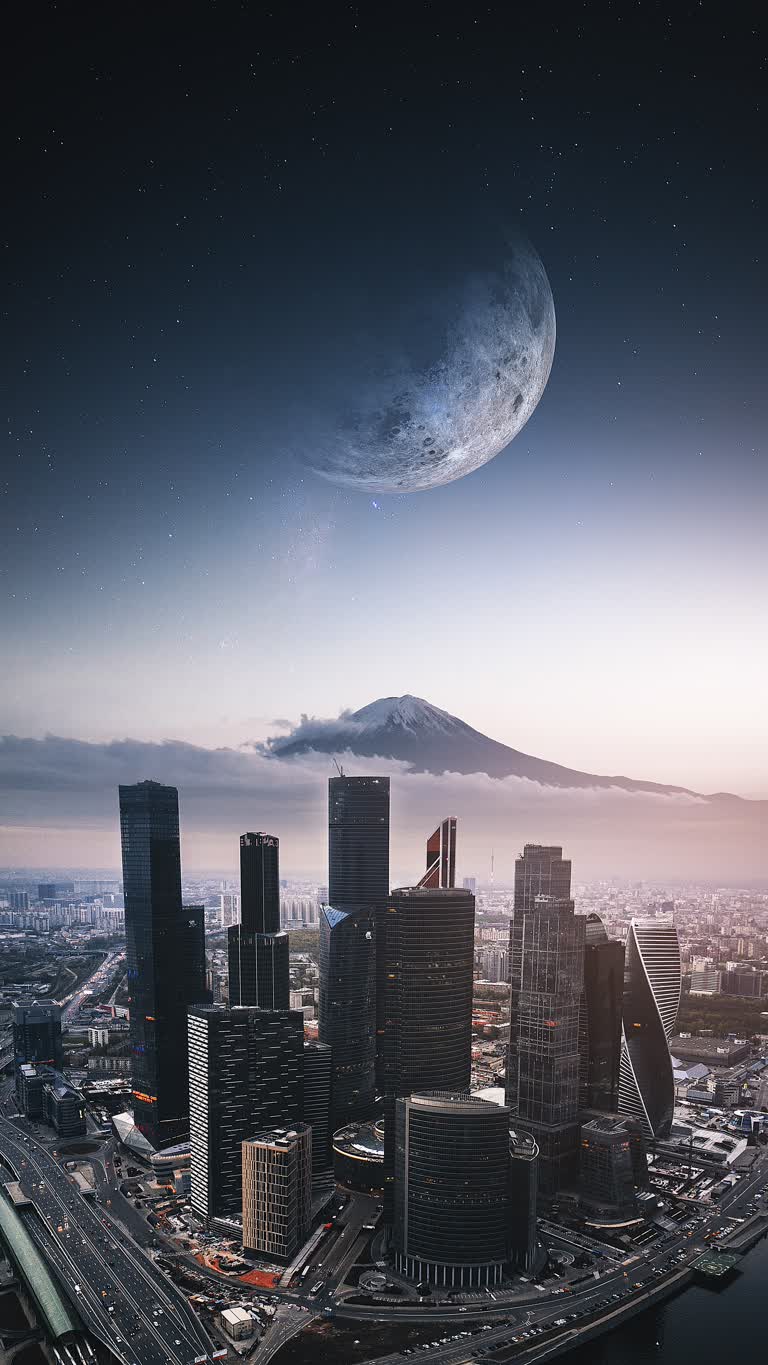 天空中有一轮月亮的城市景观