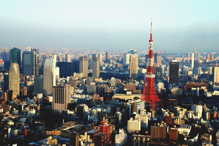 从建筑物的顶部可以看到城市景观