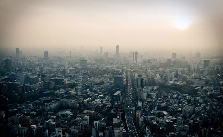 从建筑物的顶部可以看到城市景观