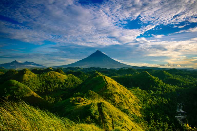 可以看到一座绿草覆盖的山景