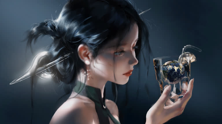 有一个女人,手里拿着一个玻璃杯