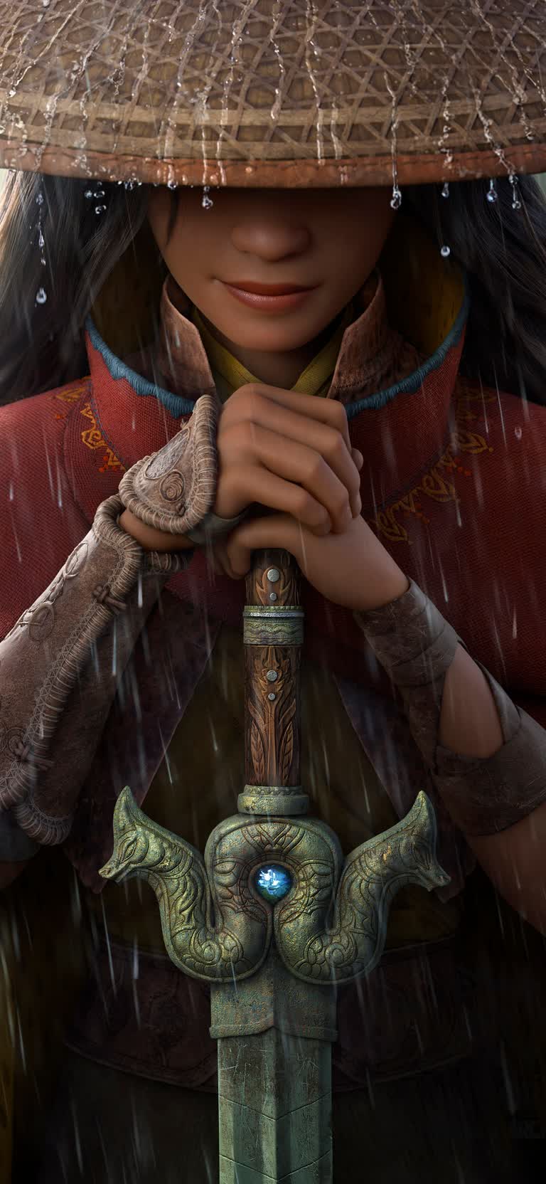 有一个女人在雨中手持剑