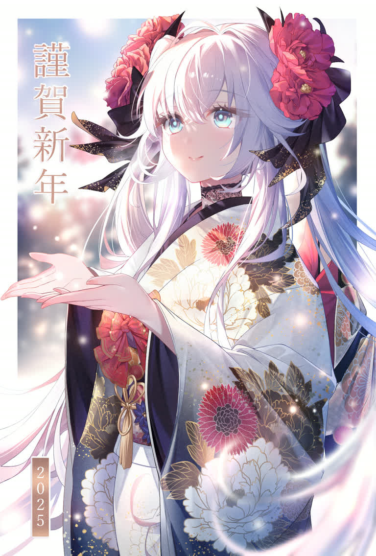 有一个女人穿着和服连衣裙,头发上插着鲜花
