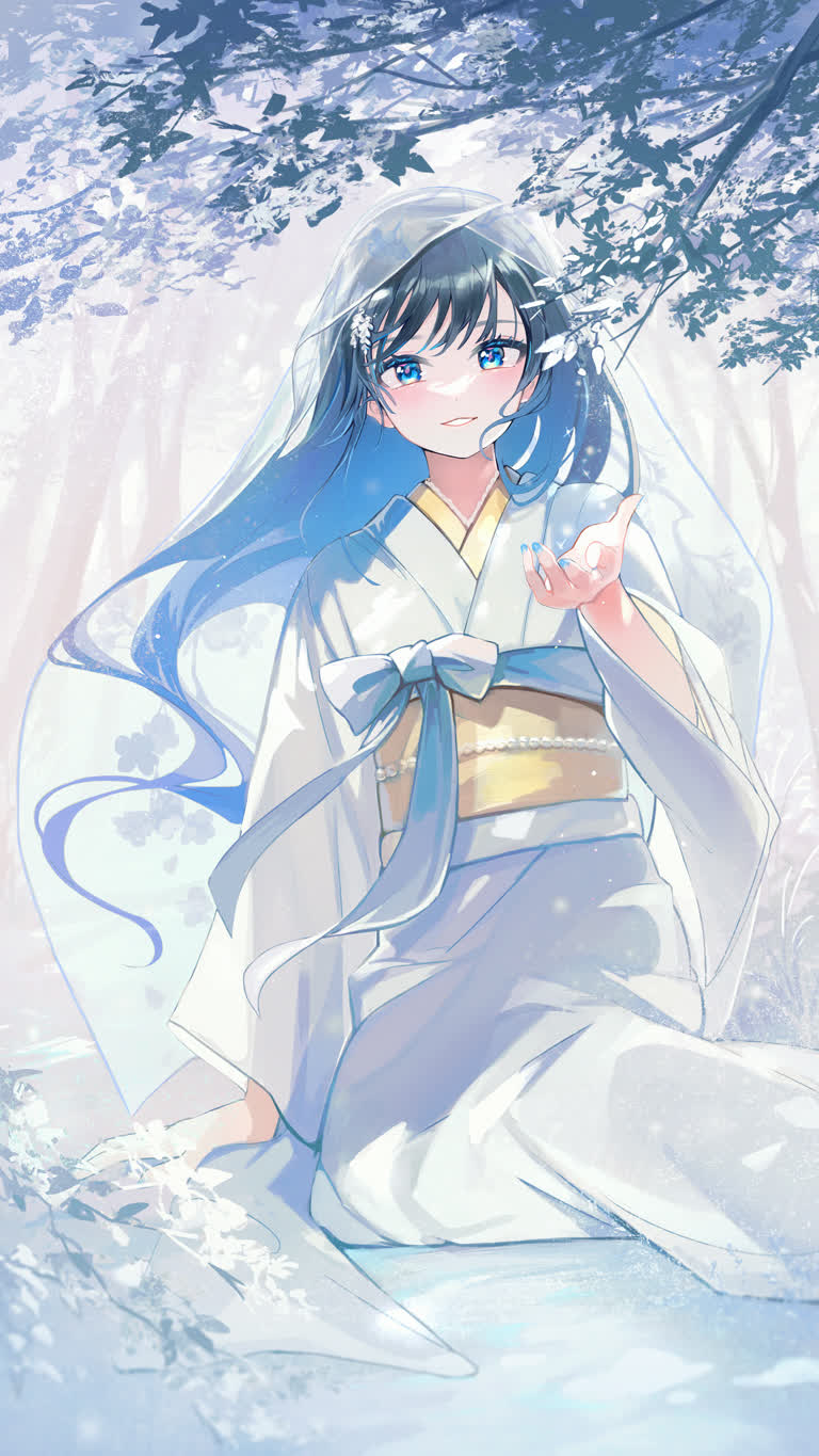 雪地里坐着一个穿着和服的女人