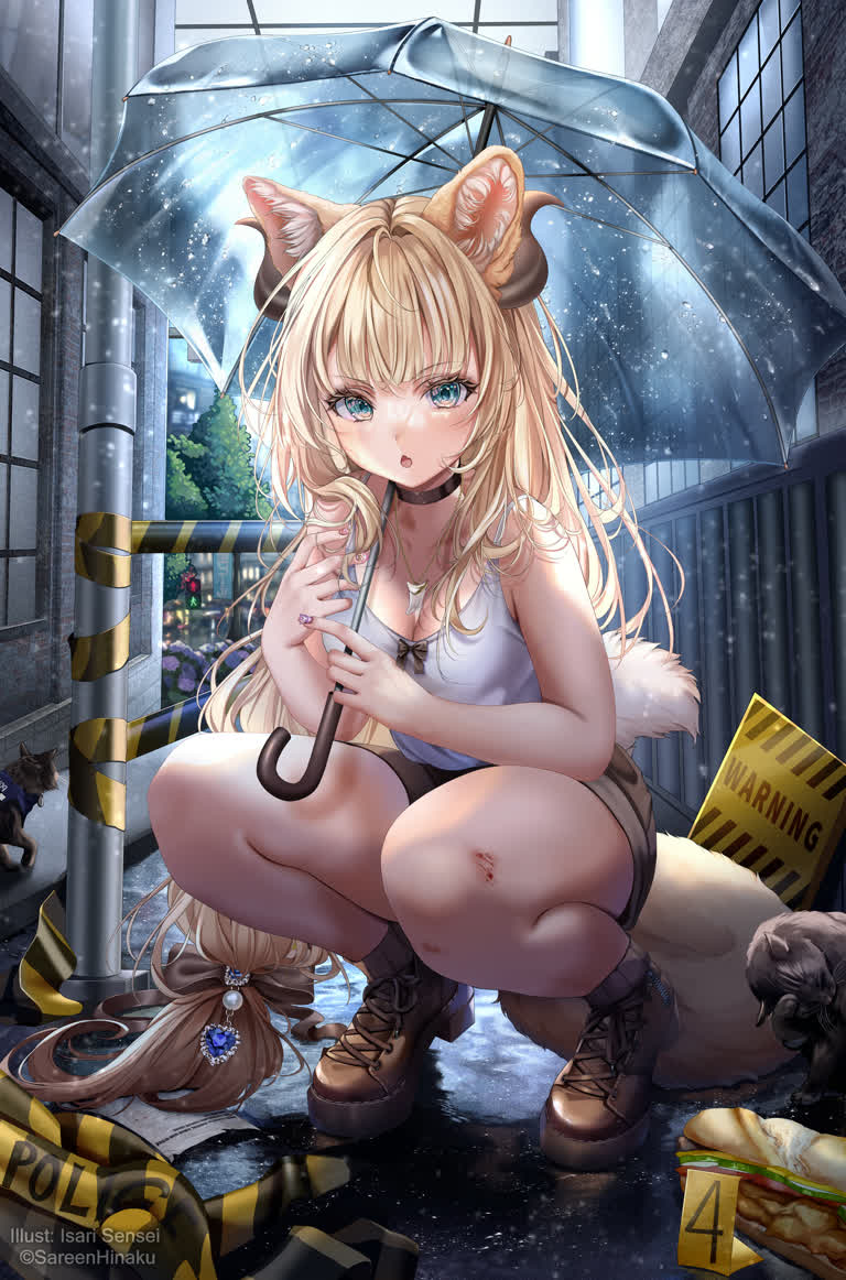 有一个女人跪着,头顶着一把伞