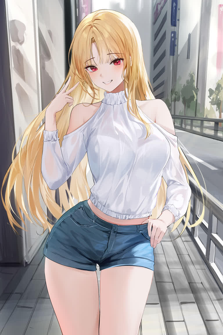 人行道上站着一个金发长发的女人