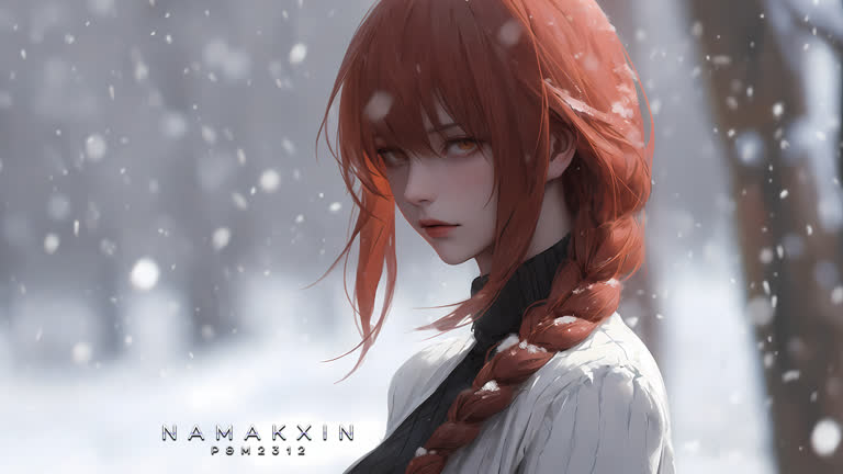 雪地里站着一个红发长发的女人