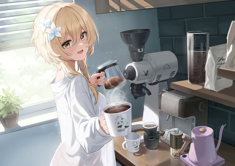 有一个女人在厨房里煮一杯咖啡