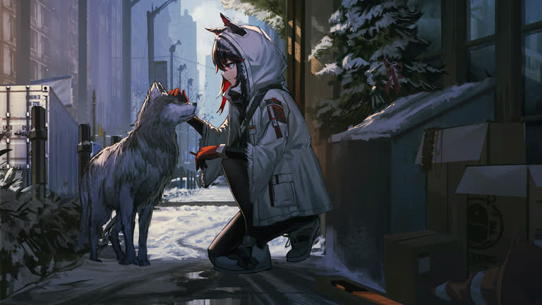 有一个女人在雪地里抚摸着一只狗