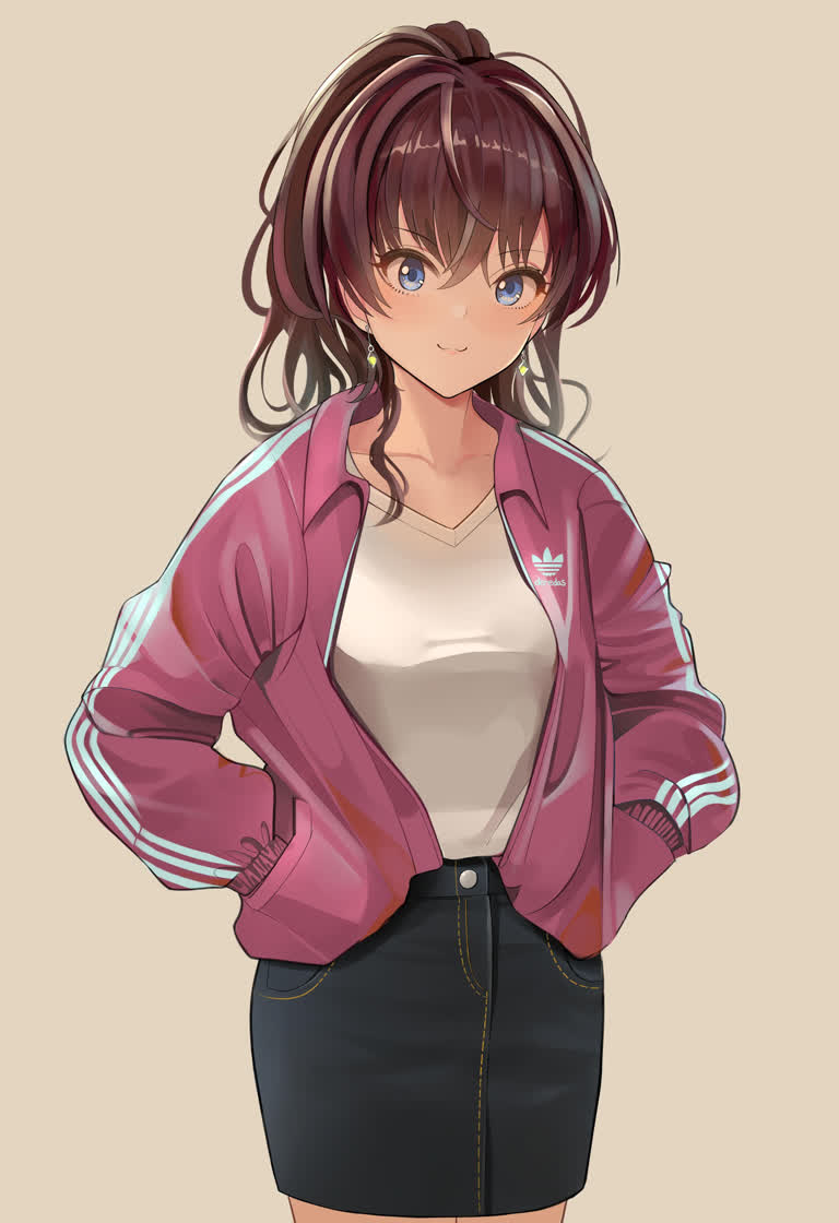 有一个穿着粉色夹克和黑色裙子的女人
